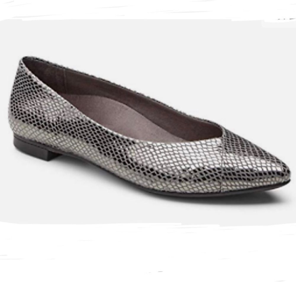 Vionic Caballo Silver Faux Snake Orthotic Arch Support Pointed Toe Flats